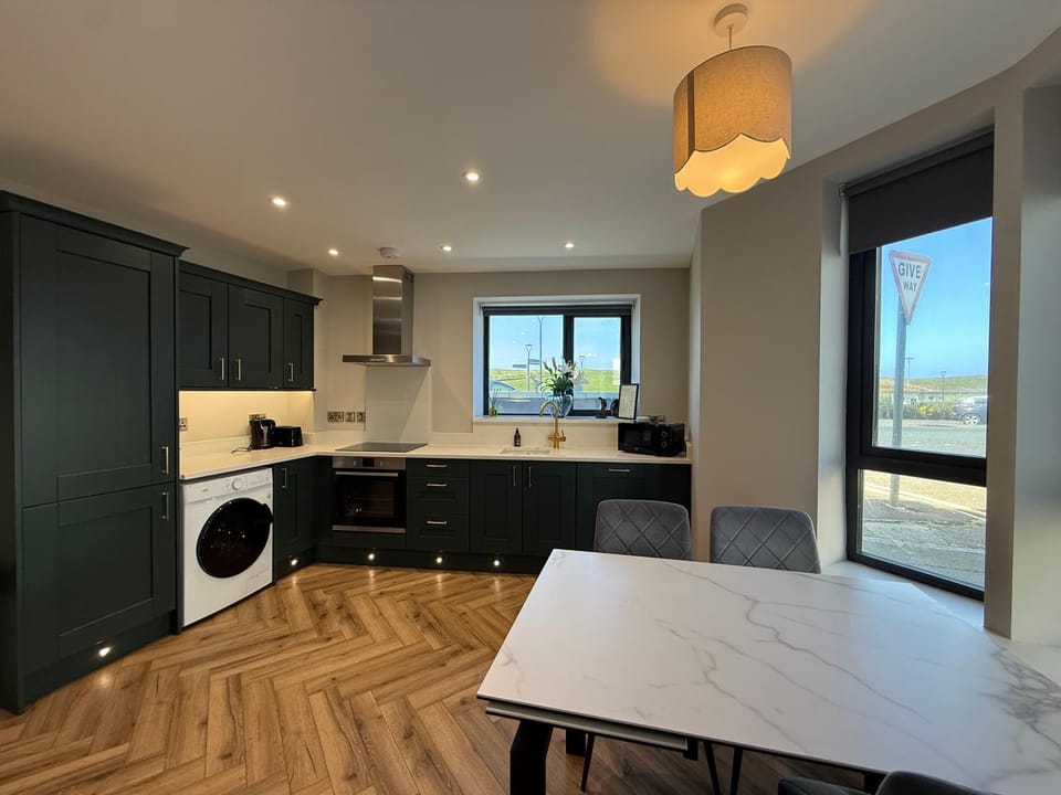 Kitchen or kitchenette, Dining area, dishwasher, oven, stove, toaster, washing machine