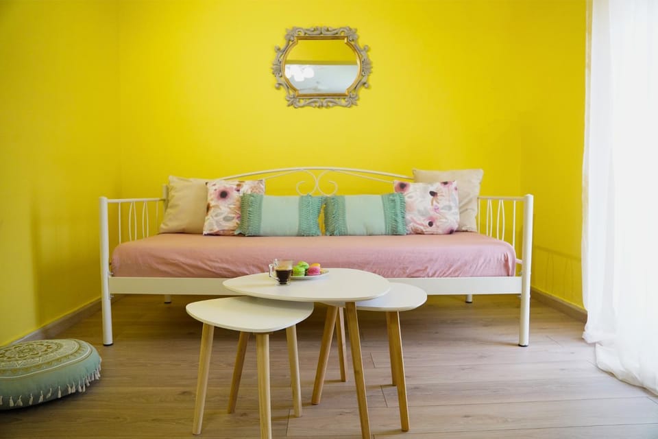 Bed, Living room, Seating area