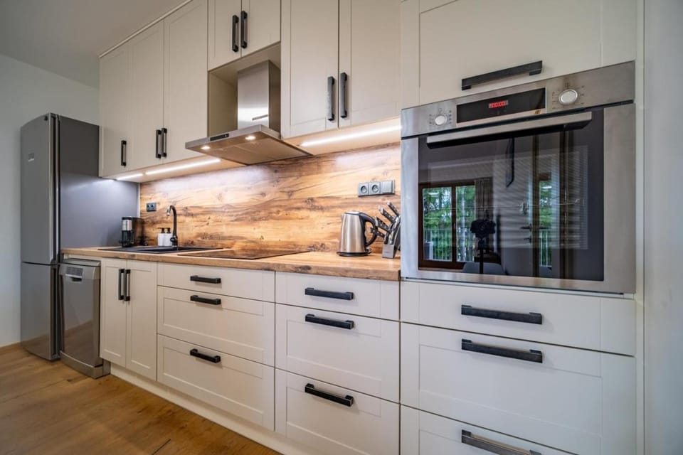 Kitchen or kitchenette, dishwasher, oven, stove