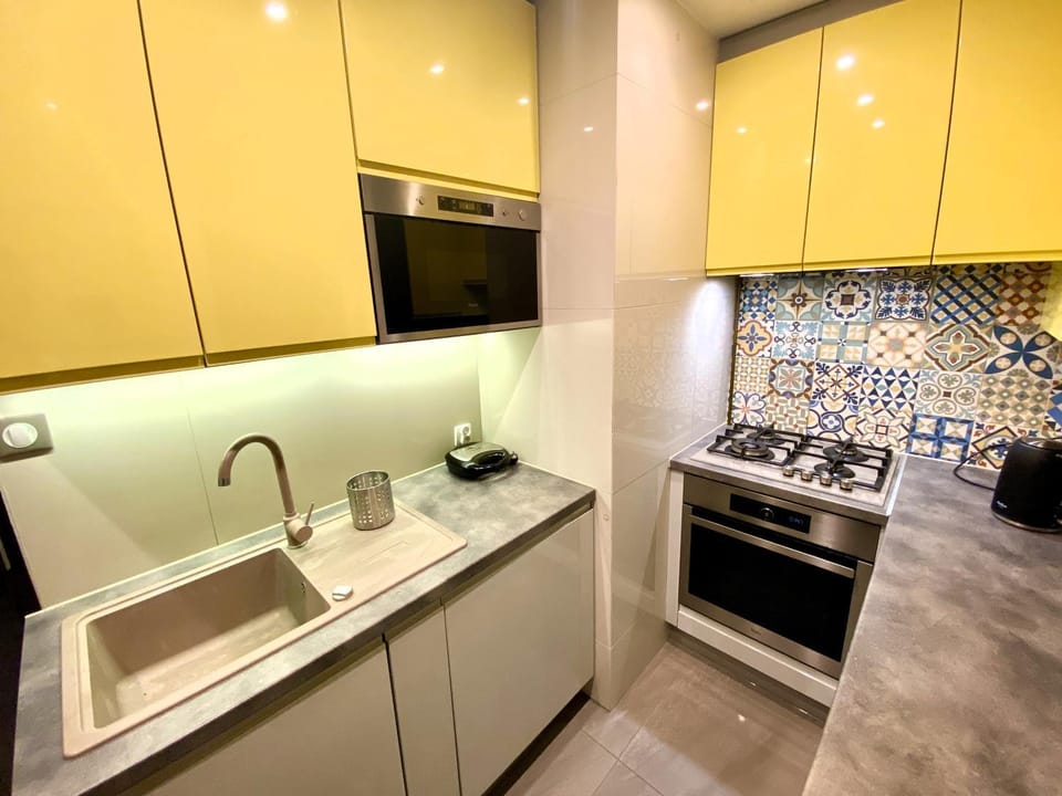 Kitchen or kitchenette, dishwasher, oven, stove