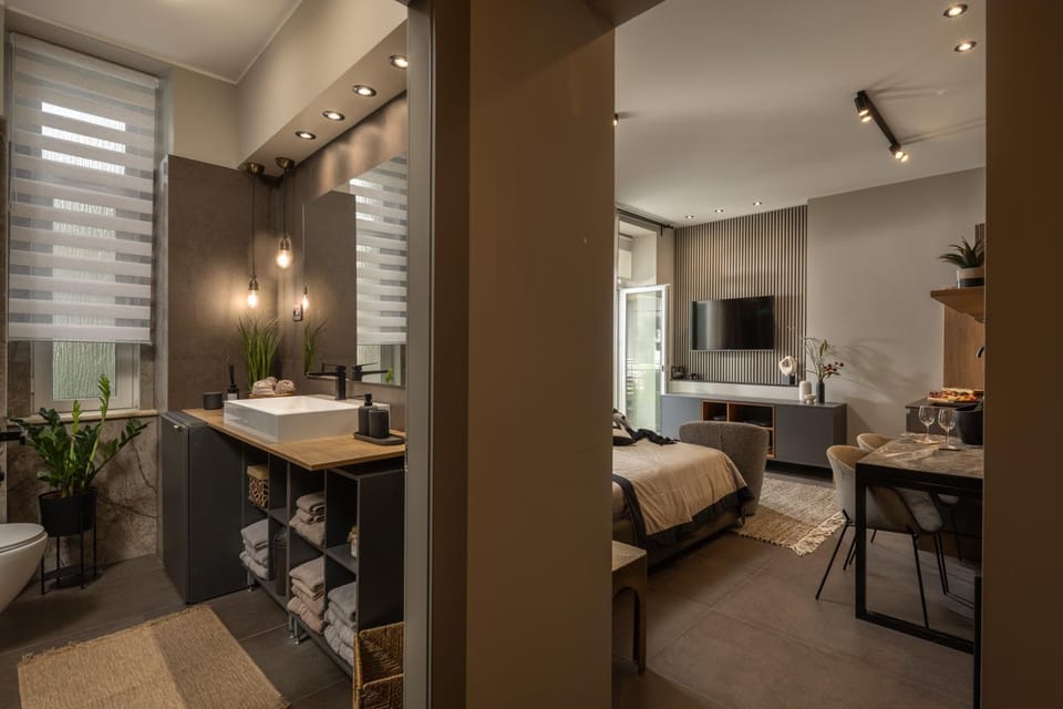 Bed, TV and multimedia, Kitchen or kitchenette, Living room, Seating area, Bedroom