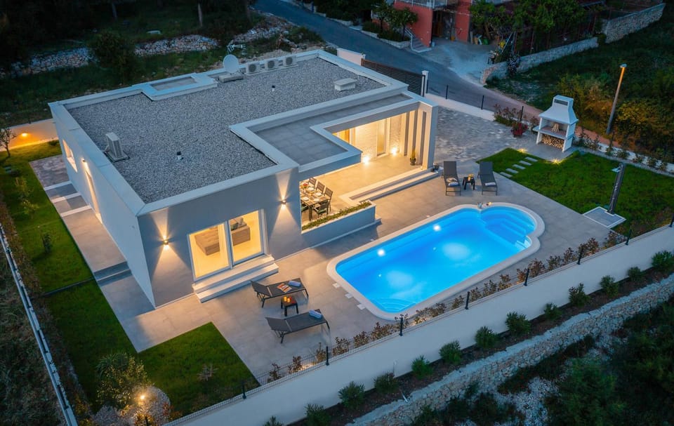 Property building, Night, Bird's eye view, Summer, Swimming pool