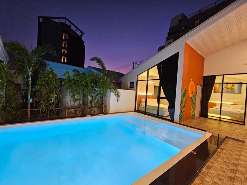 Property building, Night, Swimming pool