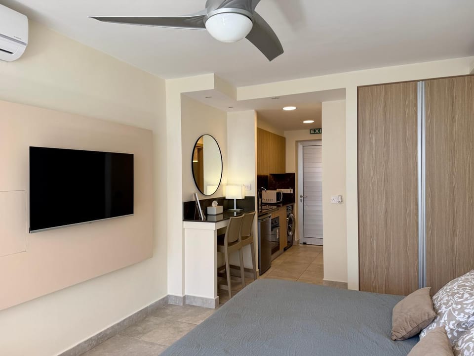 Bed, TV and multimedia, Kitchen or kitchenette, Photo of the whole room, Bedroom, wardrobe, air conditioner