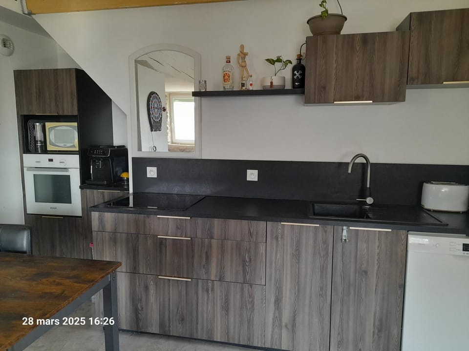 Kitchen or kitchenette, dishwasher, oven, stove