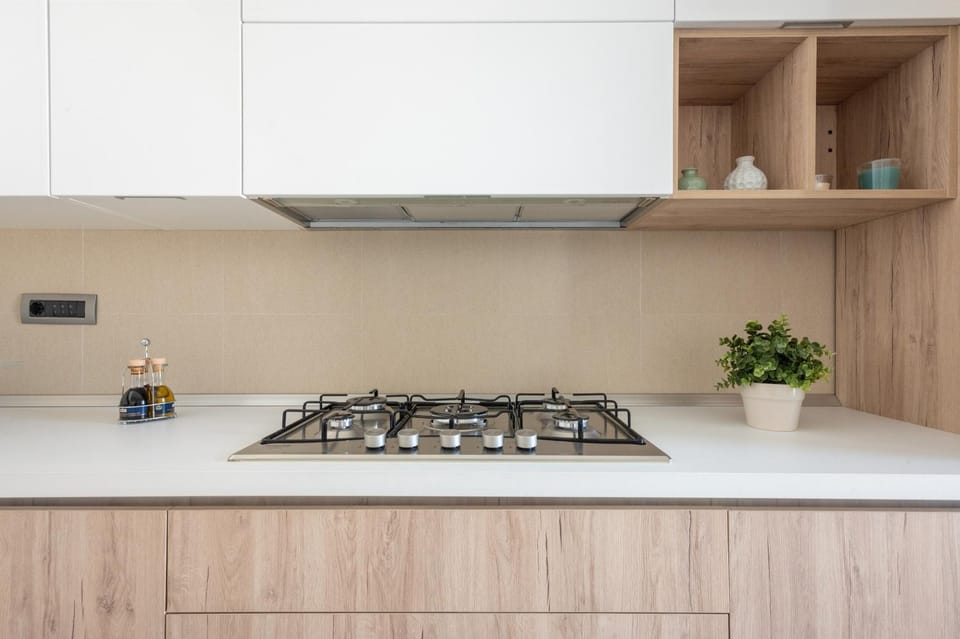 Kitchen or kitchenette, stove