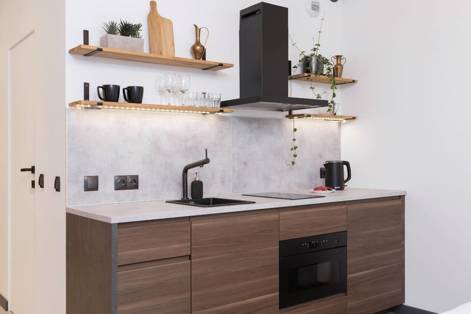 Kitchen or kitchenette, stove, kitchen
