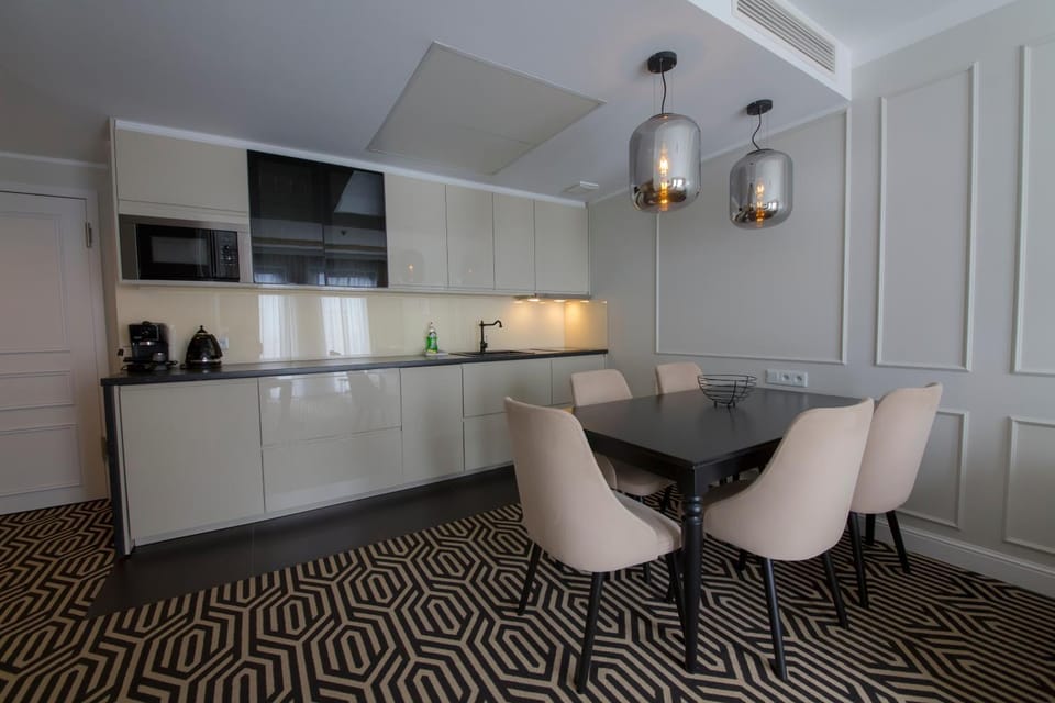 Kitchen or kitchenette, Living room, Seating area, Dining area, stove