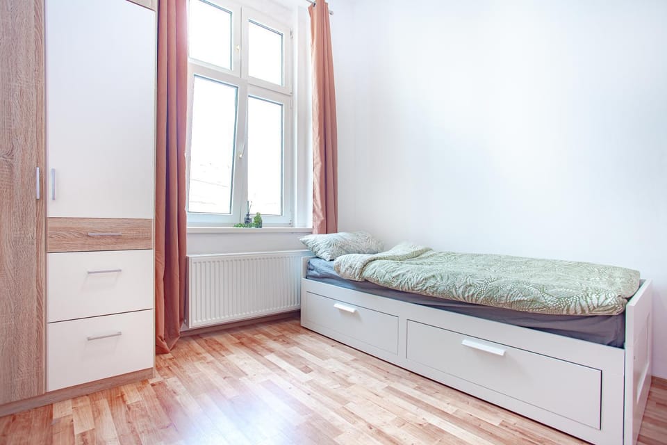 Bed, wardrobe