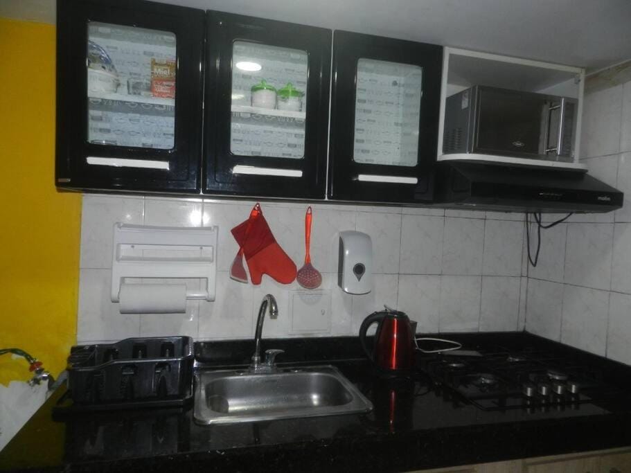 Kitchen or kitchenette, stove
