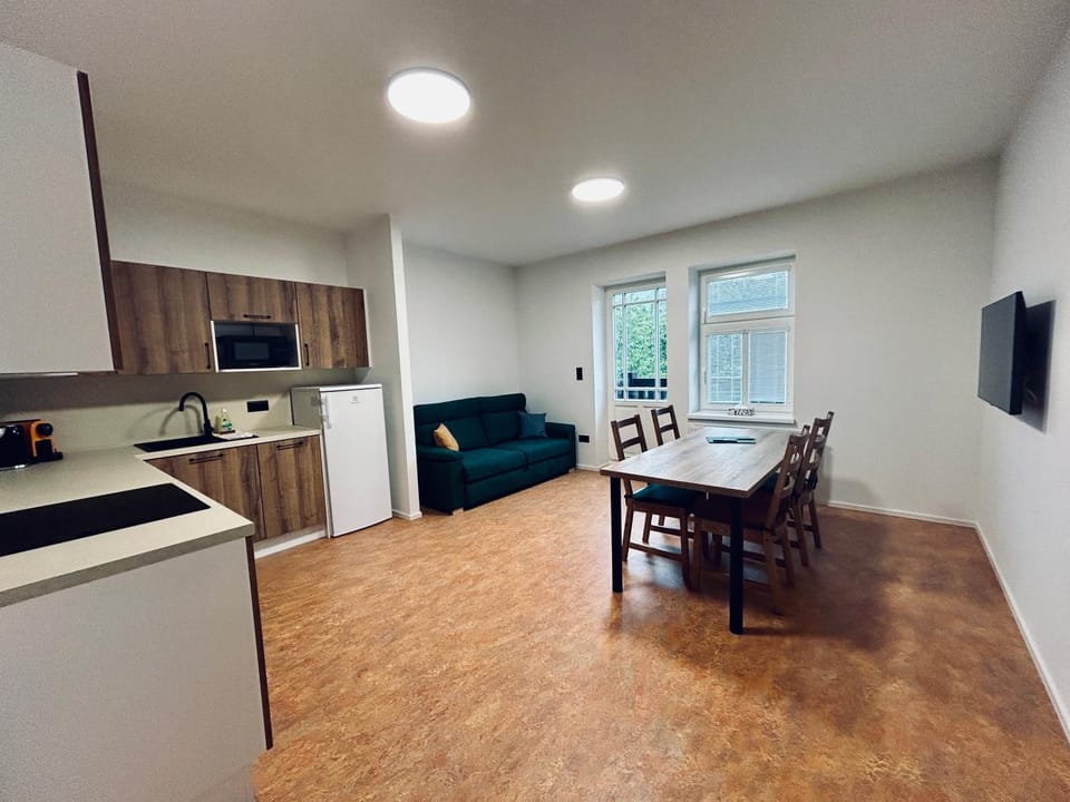TV and multimedia, Kitchen or kitchenette, Living room, Seating area, Dining area, dishwasher, oven