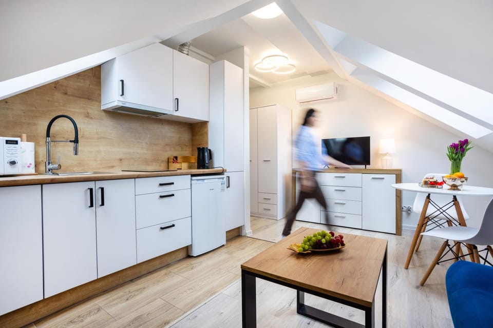 People, Kitchen or kitchenette, Dining area, group of guests, dishwasher, minibar, oven, stove