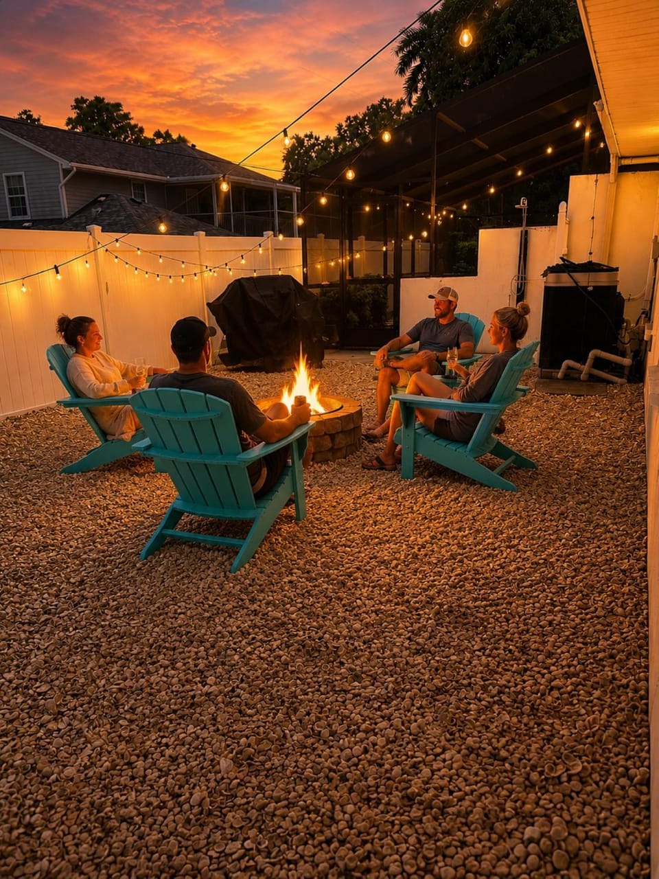 Patio, Seating area, Sunset, Inner courtyard view, fireplace