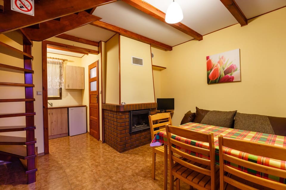 Kitchen or kitchenette, Living room, Seating area, Dining area, fireplace, stove