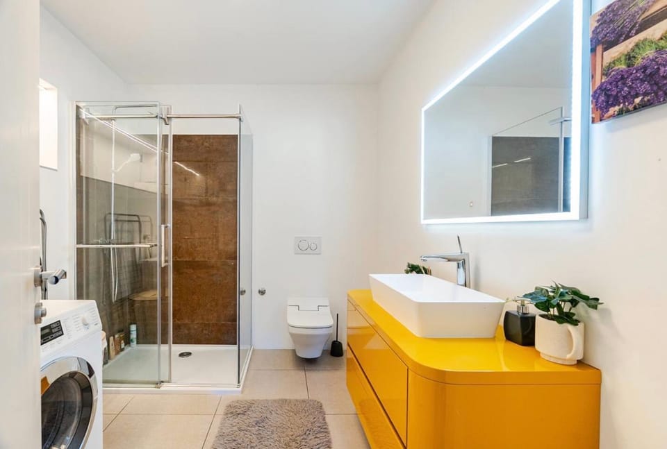 Shower, Bathroom, bidet, towels, washing machine, dryer