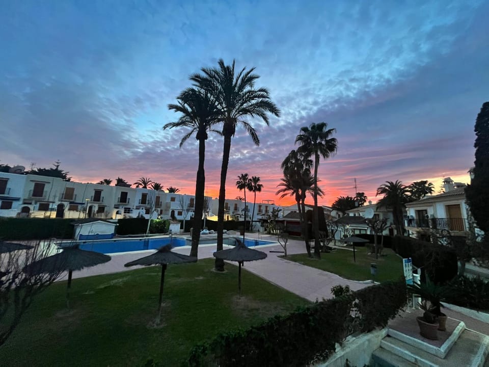 Property building, Swimming pool, Sunset, sunbed