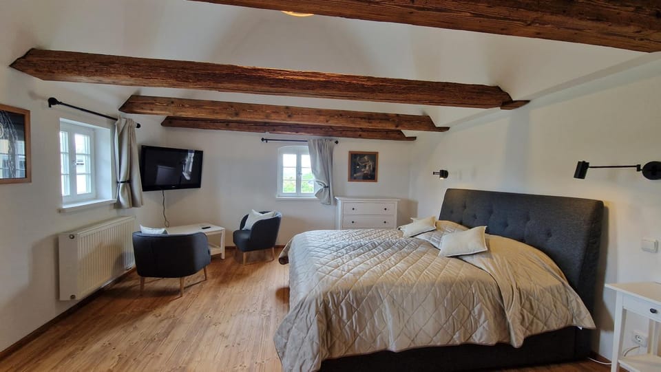 Bed, TV and multimedia, Living room, Seating area, Bedroom