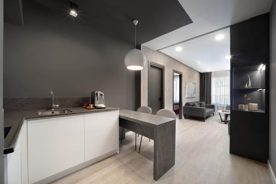 Kitchen or kitchenette, Living room, Seating area, Dining area