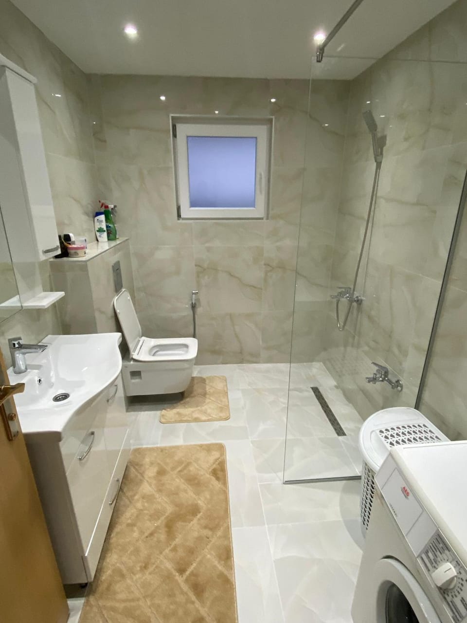 Shower, Toilet, bidet, towels, washing machine