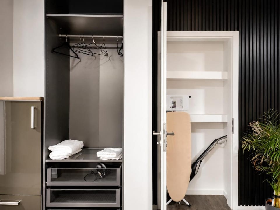 flat iron, towels, wardrobe