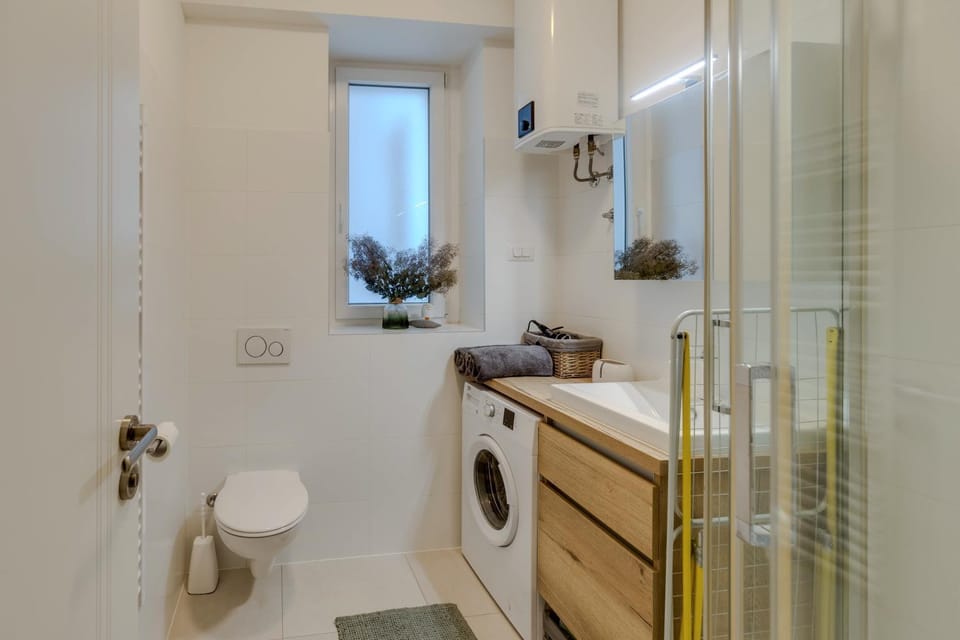 Toilet, Bathroom, towels, washing machine