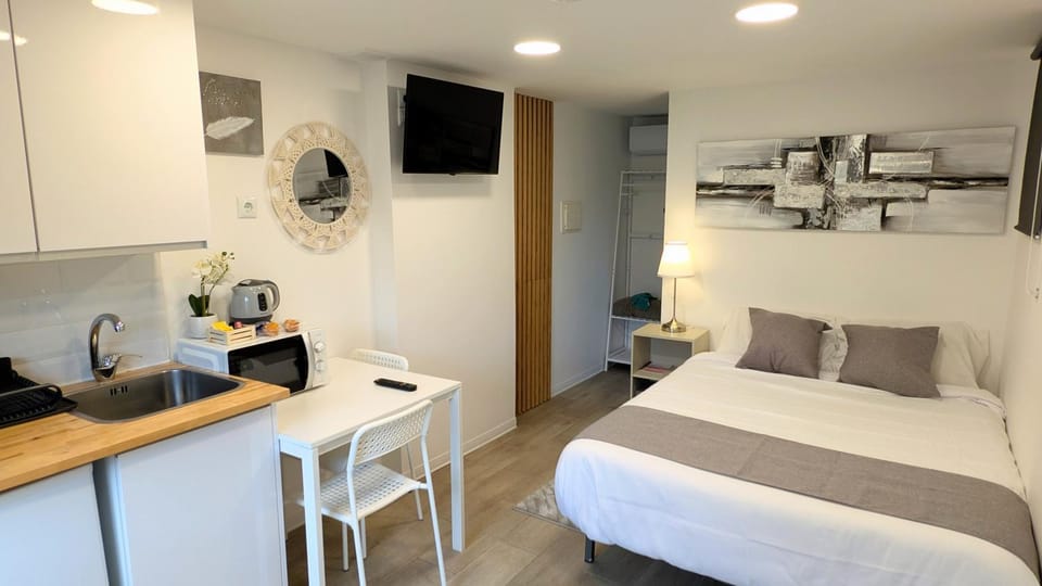 Bed, TV and multimedia, Kitchen or kitchenette, Photo of the whole room, Dining area, Bedroom, minibar, air conditioner