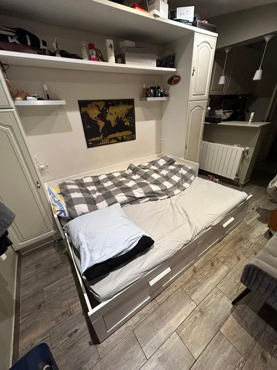 Bed, wardrobe