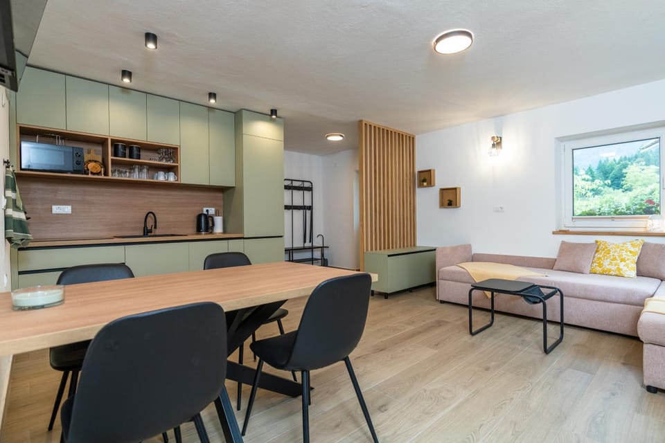 Kitchen or kitchenette, Living room, Seating area, Dining area, stove