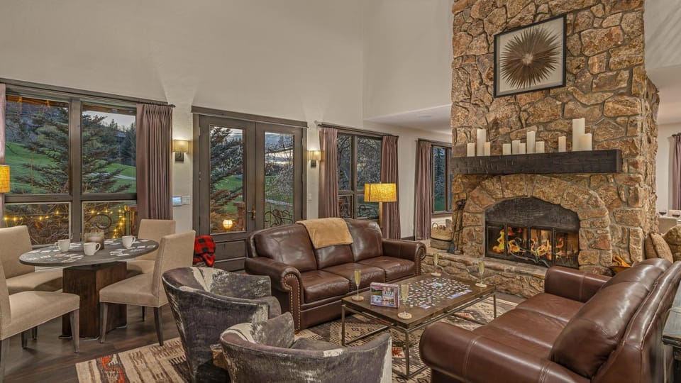 Seating area, fireplace, furniture