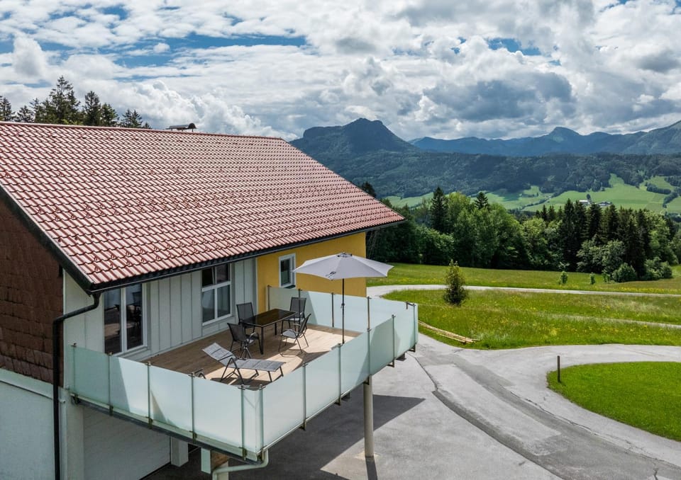 Property building, Patio, Nearby landmark, Spring, Day, Natural landscape, View (from property/room), Balcony/Terrace, Dining area, Mountain view