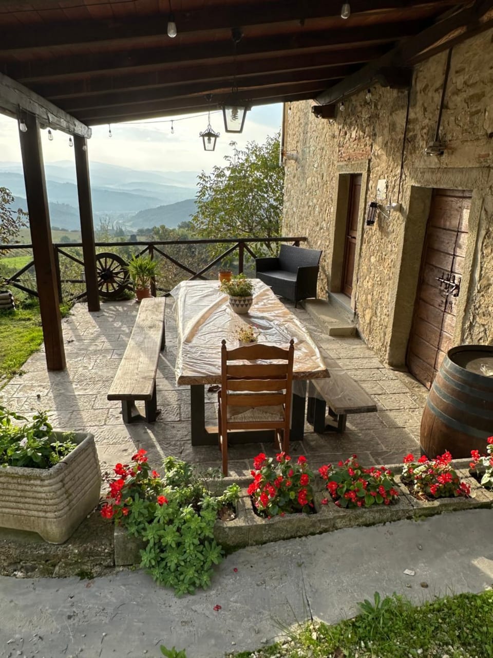 Property building, Patio, Day, Natural landscape, Garden, View (from property/room), Balcony/Terrace, Seating area, Dining area, Garden view, Mountain view
