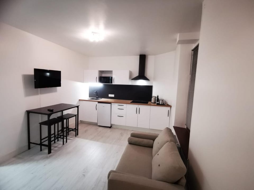 TV and multimedia, Kitchen or kitchenette, Living room, Seating area, Dining area, stove