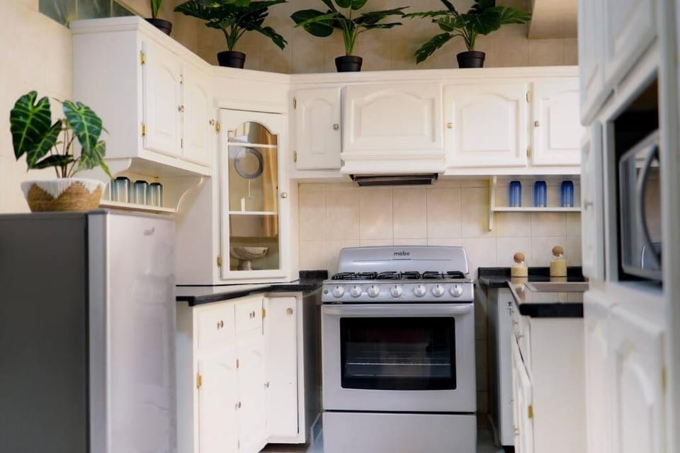 Kitchen or kitchenette, microwave, oven