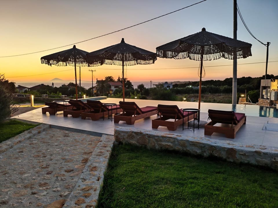 Patio, Swimming pool, Sunset, sunbed