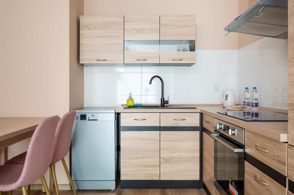 Kitchen or kitchenette, dishwasher, oven, stove