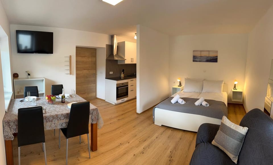 Bed, TV and multimedia, Kitchen or kitchenette, Living room, Seating area, Dining area