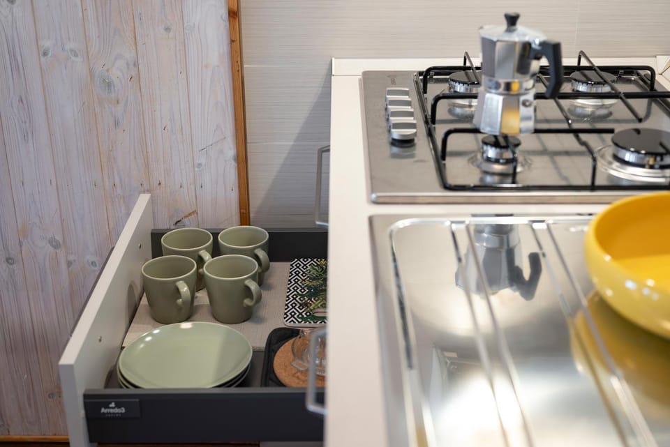 Kitchen or kitchenette, stove