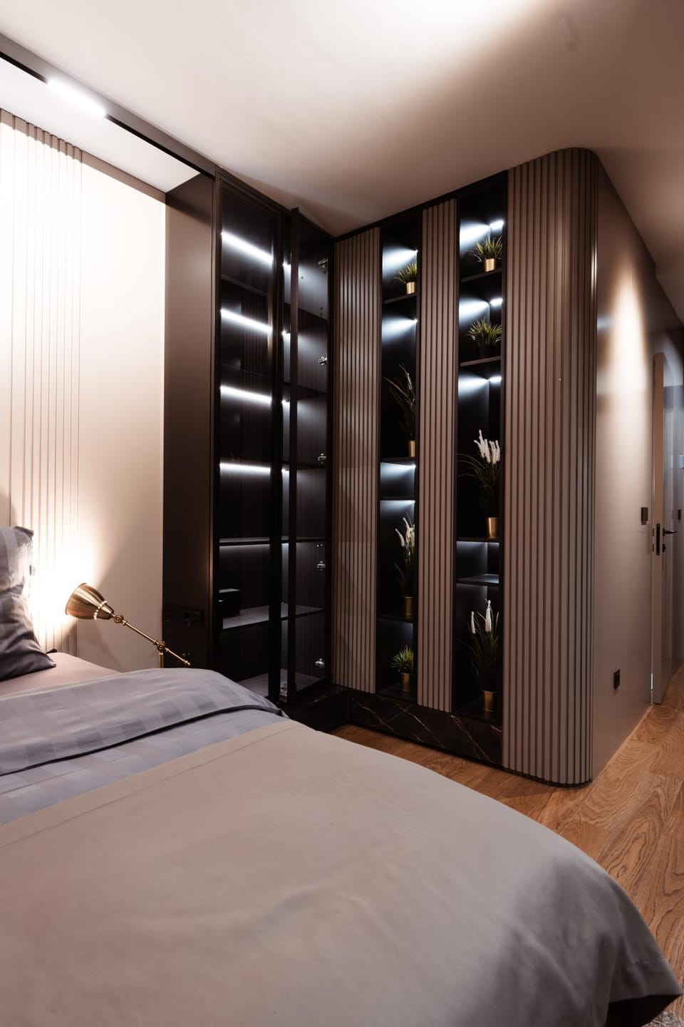 Bed, wardrobe