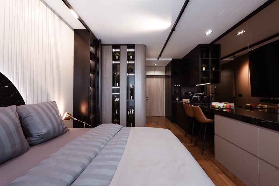 Bed, wardrobe