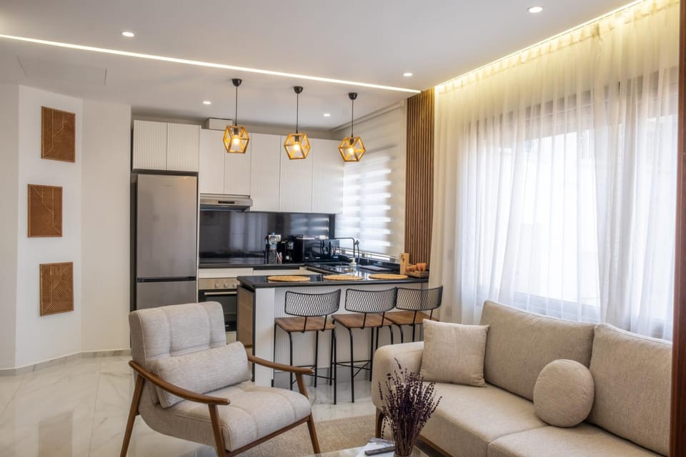 Kitchen or kitchenette, Living room, oven, stove