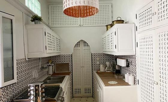 Kitchen or kitchenette, stove