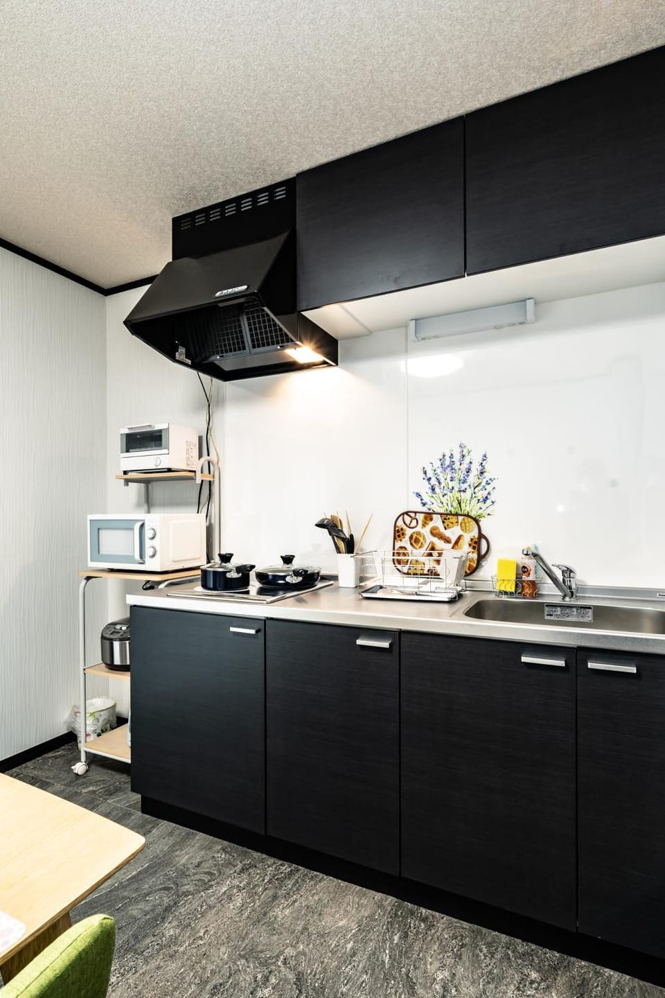 Kitchen or kitchenette, stove