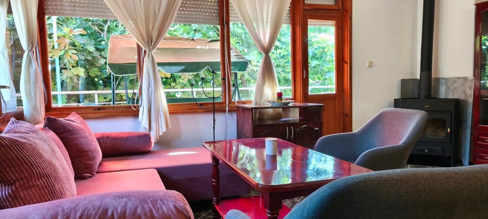 Balcony/Terrace, Living room, Seating area, Garden view, fireplace