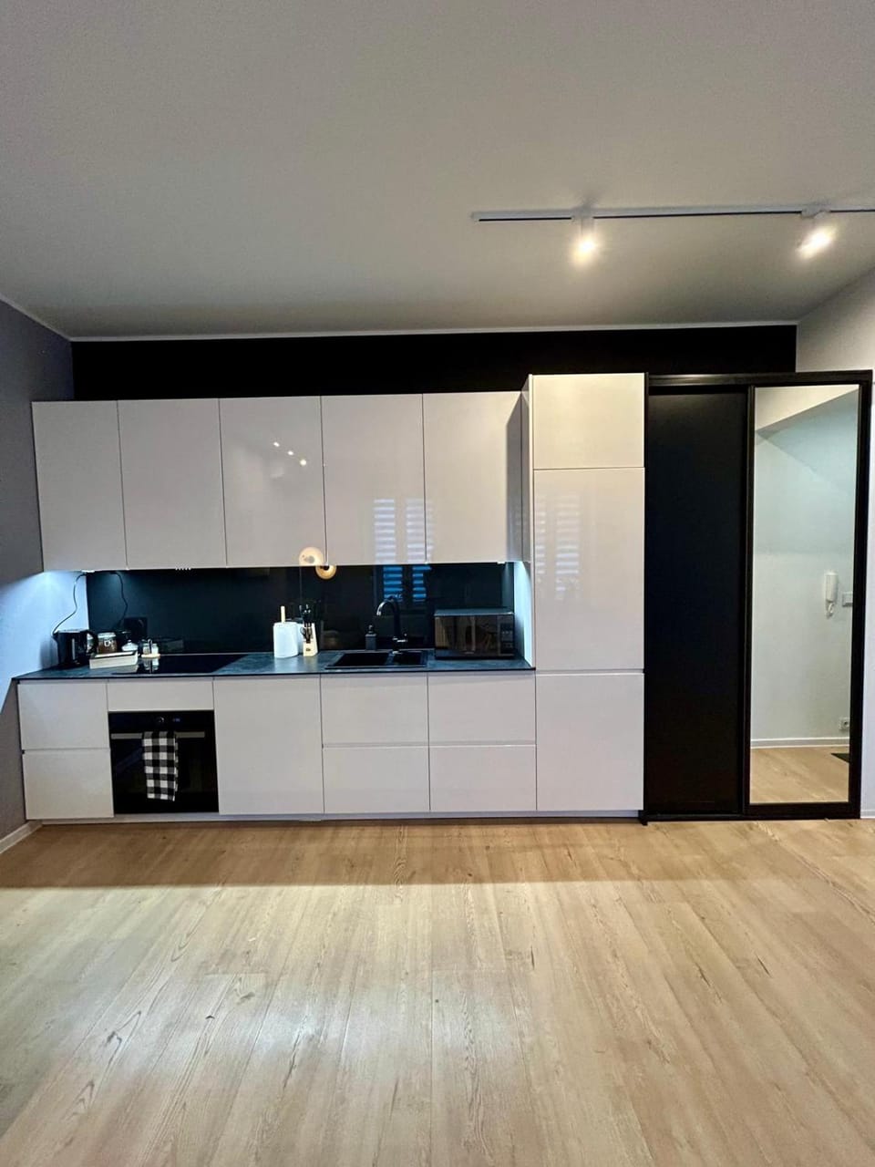 Kitchen or kitchenette, microwave, stove