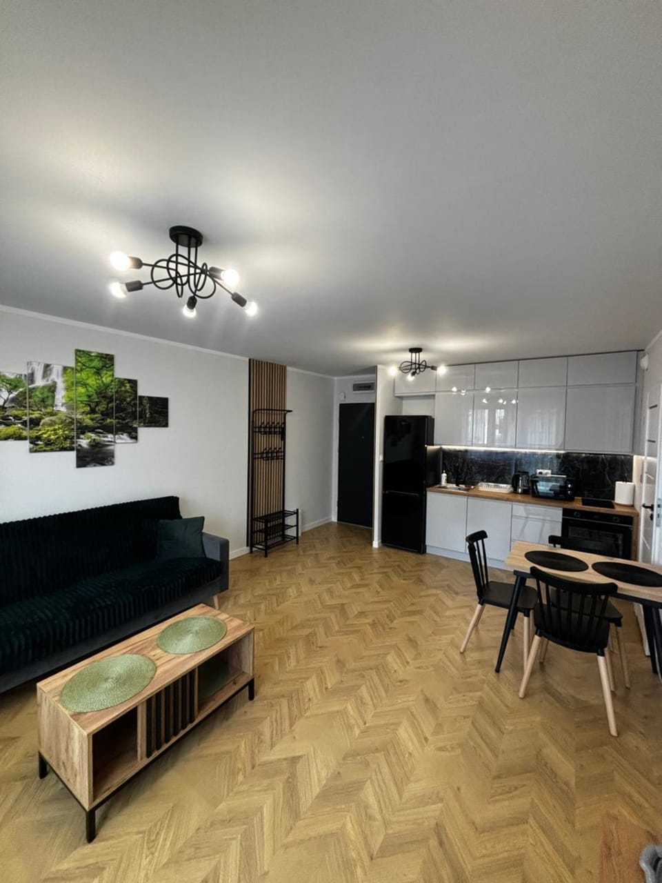 Kitchen or kitchenette, Living room, Seating area, Dining area