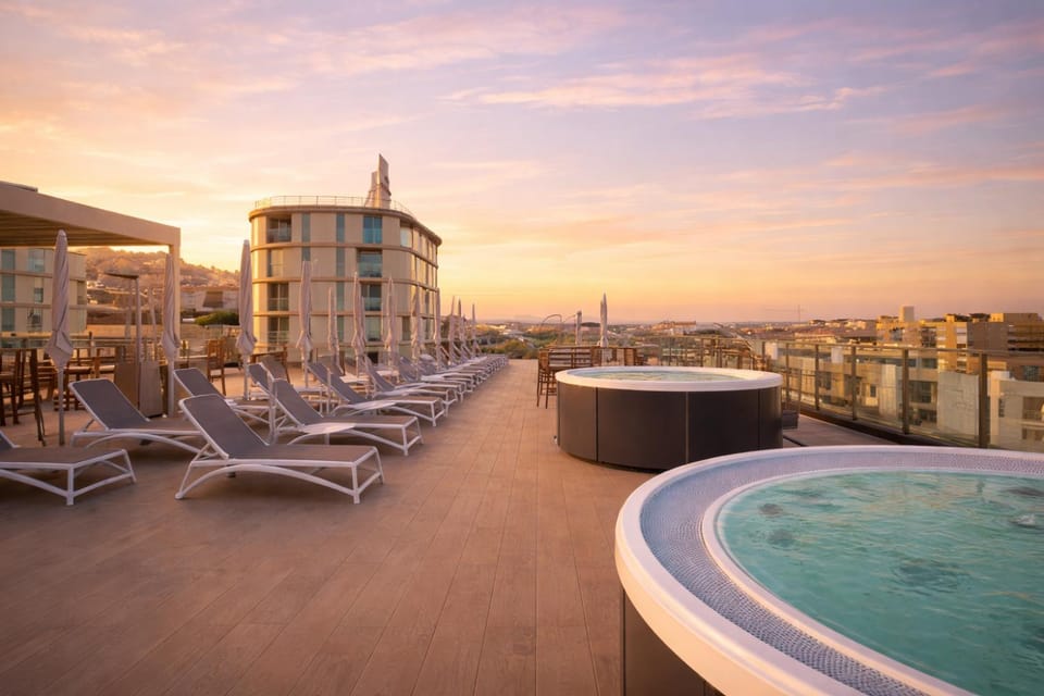 Property building, View (from property/room), Balcony/Terrace, Sunset, sunbed
