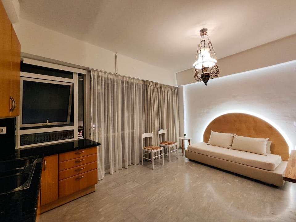 Bed, TV and multimedia, Kitchen or kitchenette, Living room, Photo of the whole room, Seating area, Bedroom