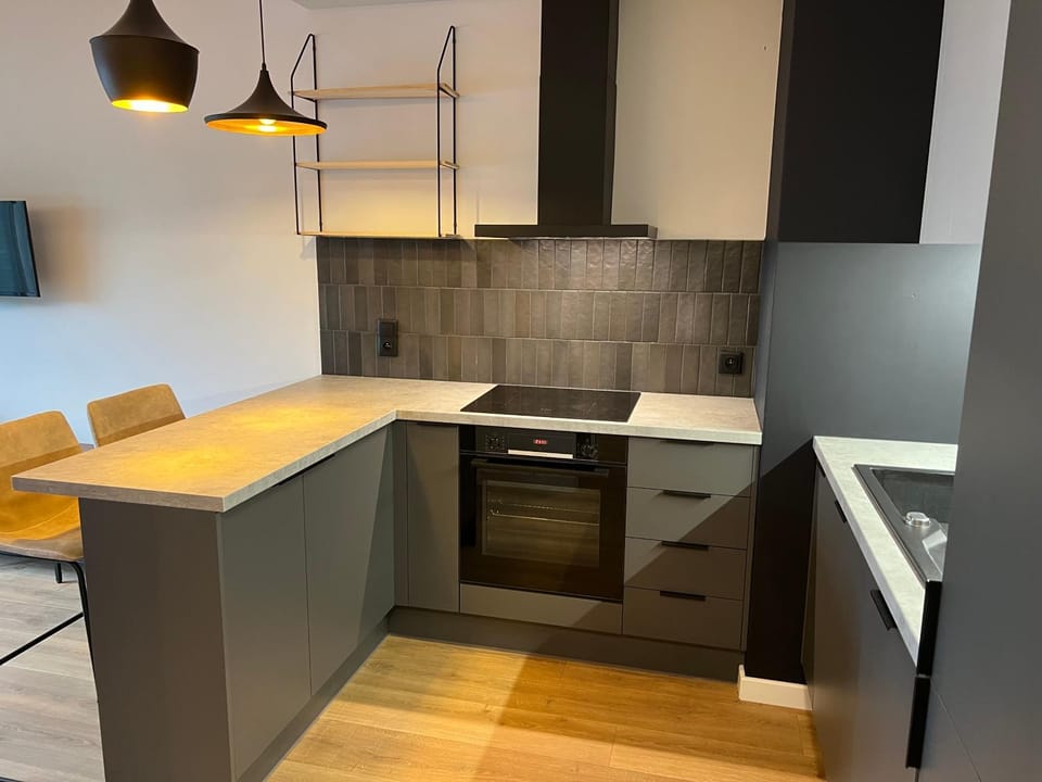 Kitchen or kitchenette, stove