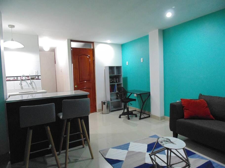 Kitchen or kitchenette, Living room, Seating area, Dining area