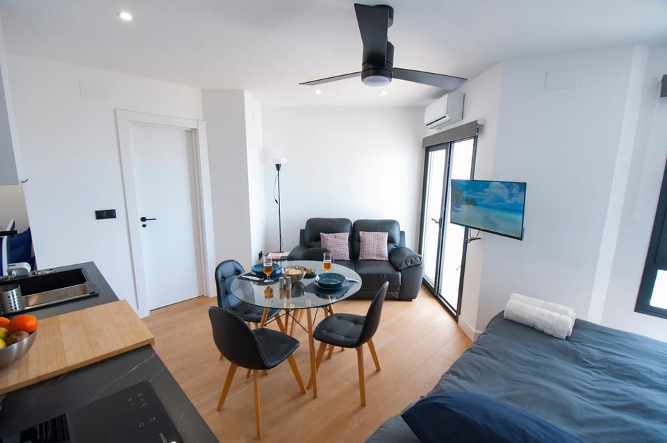 Bed, Kitchen or kitchenette, Living room, Photo of the whole room, heating, stove, kitchen, air conditioner